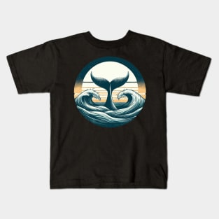 Hand drawn whale tail Retro ocean waves Kids T-Shirt